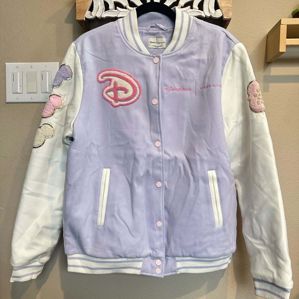 Stoney Clover Lane Disney World Varsity jacket Mickey head on hand lavender XL